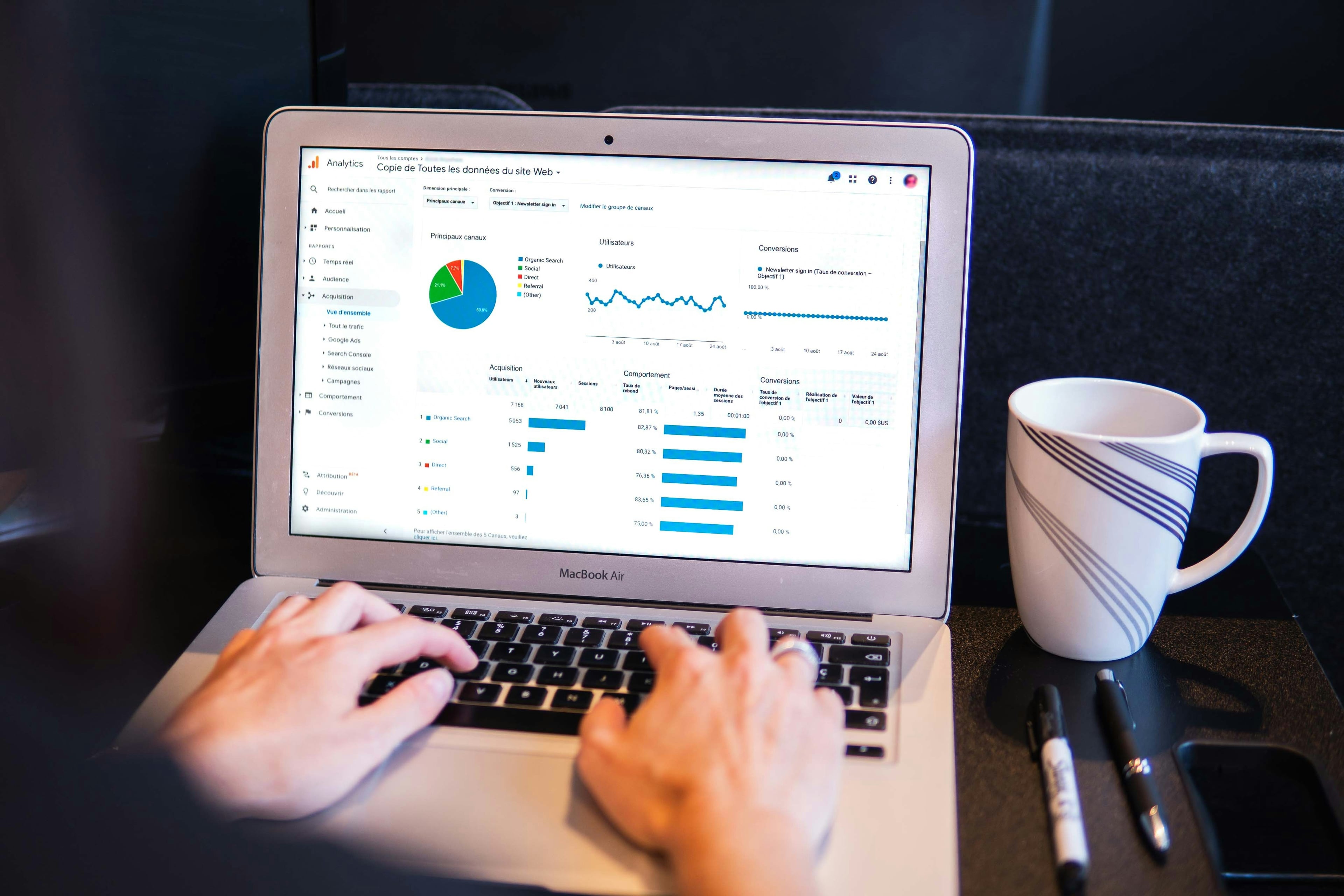 Persona analizando métricas en una laptop con Google Analytics